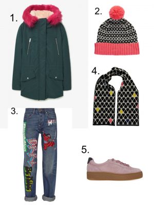 miss pom pom scarf and hat, flatfrom trainers, marc jacobs jeans, bright parka