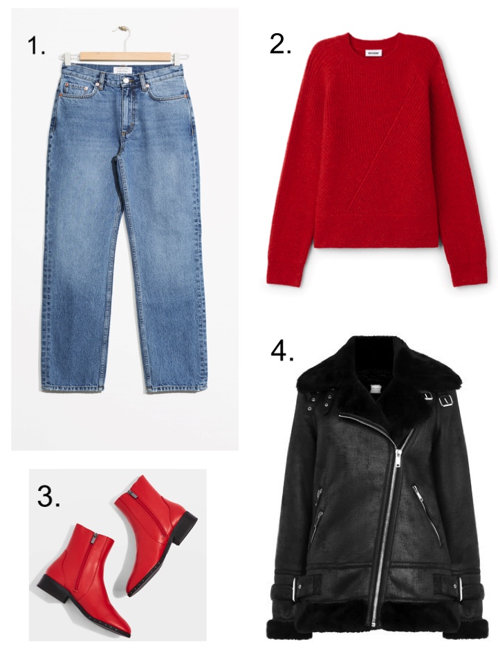 Red jumper, red boots, slim leg jeans, furry biker jacket 