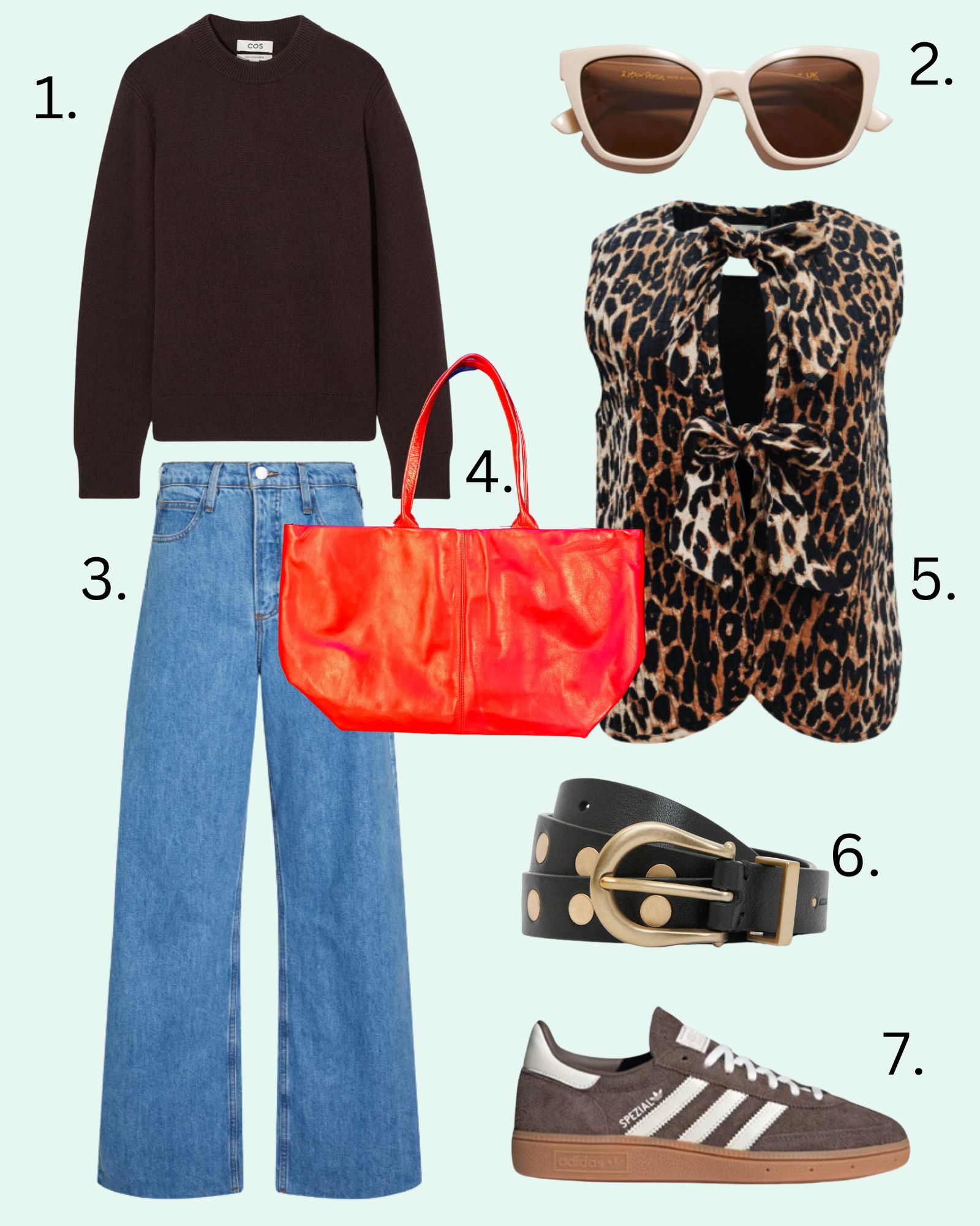 7 outfit ideas for March. Leopard waistcoat and red bag 
